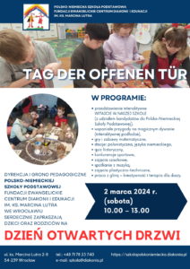 Plakat informujący o "Dniu otwartych drzwi w Polsko-Niemieckiej Szkole Podstawowej"